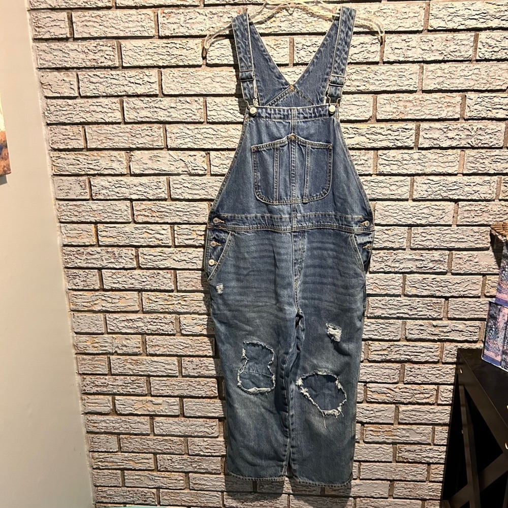 Old Navy Distressed Denim Overalls Grunge Medium Wash Ripped 14